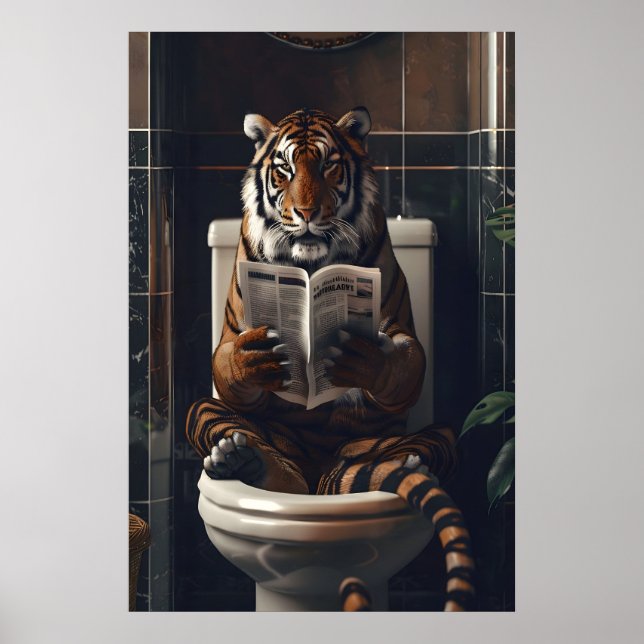 Poster Funny Tiger Bathroom Print, Reading Newspaper on (Frente)