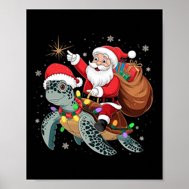 Poster Funny Turtle Christmas Santa Riding Sea Turtle Xma (Frente)