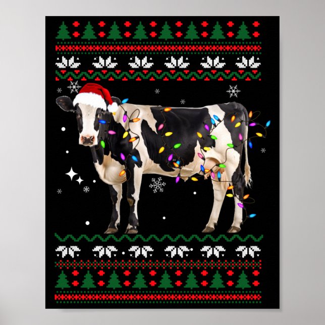 Poster Funny Ugly Xmas Sweater Dairy Cow Farmer Lights Ch (Frente)