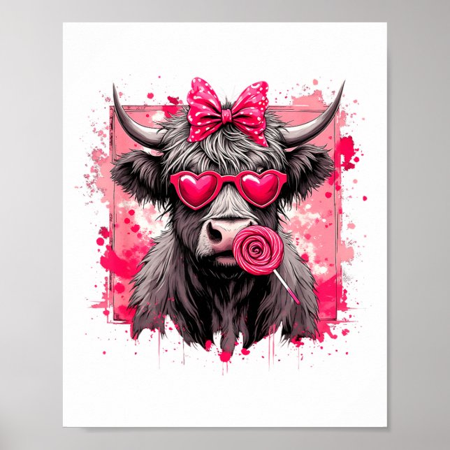 Poster Funny Valentine Highland Cow Lollip Heart Art Nk L (Frente)