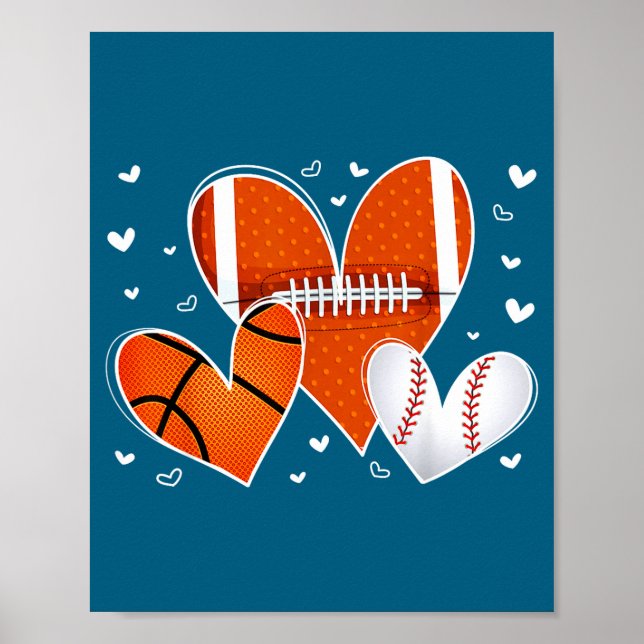 Poster Funny Valentines Baseball Basketball Football Hear (Frente)