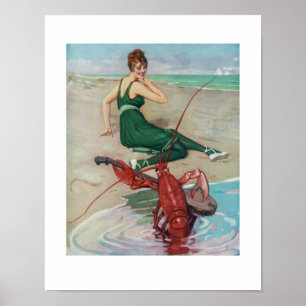 Poster Funny Vintage Music Lobster Banjo Player Beach