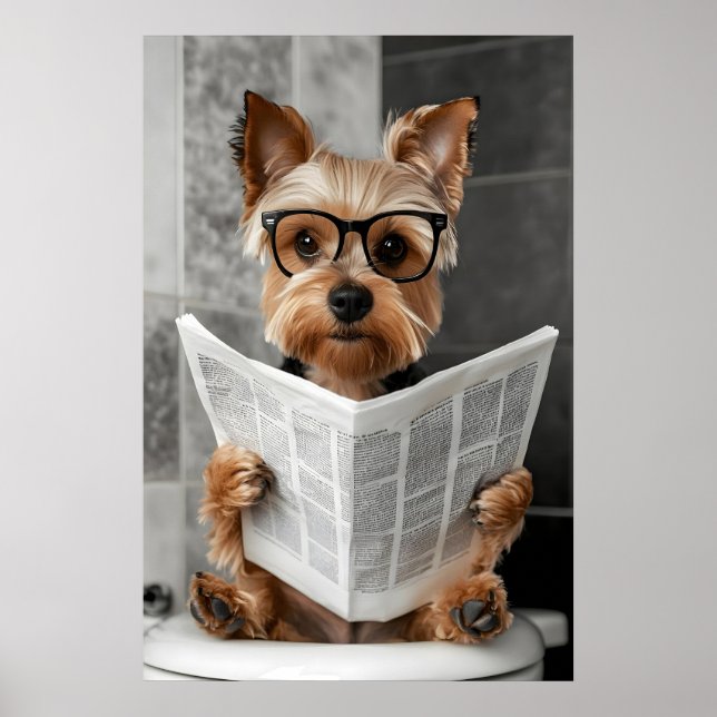 Poster Funny Yorkie Bathroom Print, Reading Newspaper (Frente)