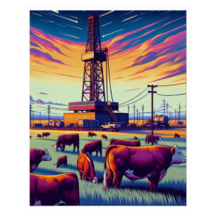 Póster Furando Rig e Herford Cattle no Sunset
