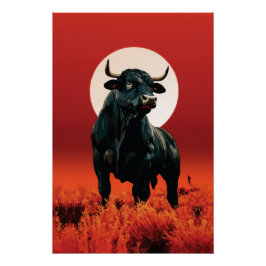 Póster Fúria da Meia-Noite – Majestoso Touro Negro sob o 