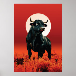 Poster Fúria da Meia-Noite – Majestoso Touro Negro sob o 