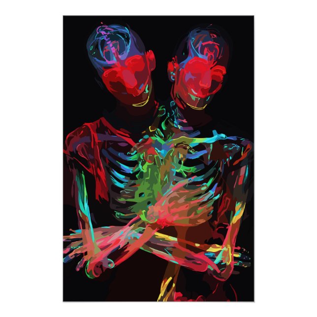 Póster Fusão de Arte com Abraço de Esqueleto de Neon (Frente)