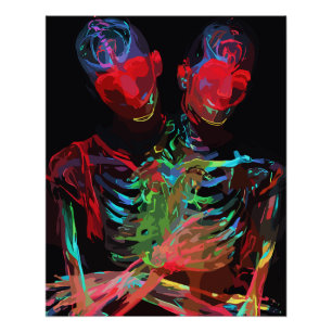 Póster Fusão de Arte com Abraço de Esqueleto de Neon