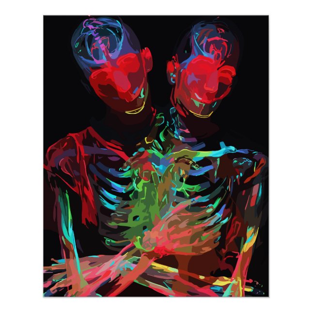 Póster Fusão de Arte com Abraço de Esqueleto de Neon (Frente)
