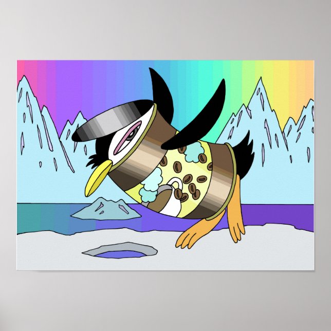 Poster Fusão de café enlatado e pinguins. (Frente)