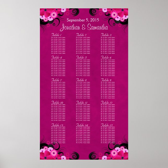 Póster Fuschia Floral 15 Mesa de Casamento (Frente)