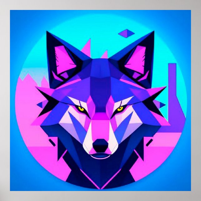 Poster Futuralista Neon Wolf Face em Arte Geométrica (Frente)
