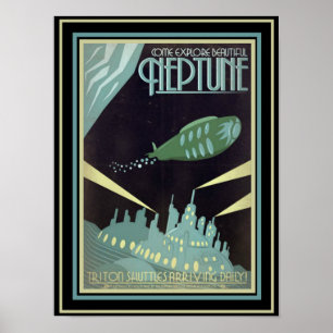 Poster futurista retro 12 x 16 de Netuno do viagem