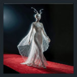 Póster Futuristic Alien Model In Cobweb Gown<br><div class="desc">A sleek, metallic alien figure walks down a red carpet, its glistening attire illuminated by the lights, evoking a sci-fi or fantasy setting</div>