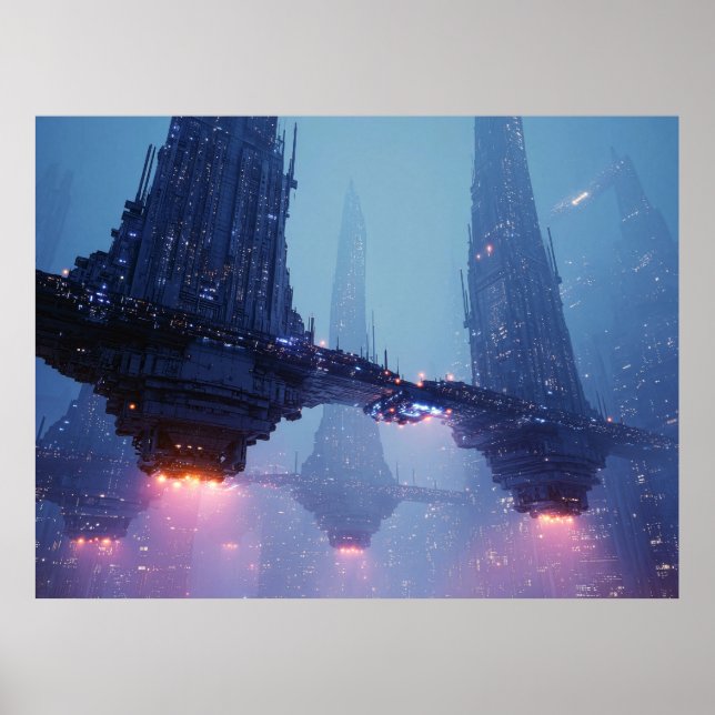 Poster Futuristic Cityscape with Hovering Structures (Frente)