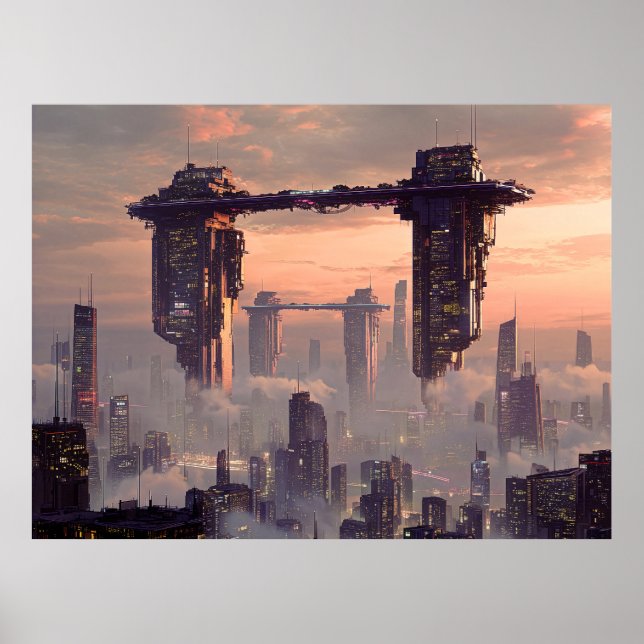 Poster Futuristic floating megastructures above the city (Frente)