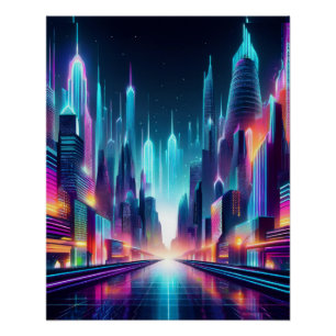 Póster Futurística Neon Cityscape - Design de Cyberpunk-B