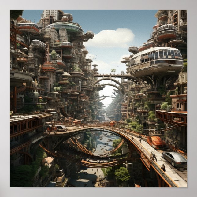 Poster Futurística paisagem urbana: Carros voadores e mot (Frente)