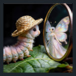 Póster Fuzzy Caterpillar Gazing at a Fairy Butterfly<br><div class="desc">A charming caterpillar wearing a straw hat gazes intently into a mirror, where a beautiful fairy butterfly with sparkling wings is reflected.</div>