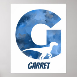 Poster "G" Dinossauro Aquarela Azul Nome da Criança Poste