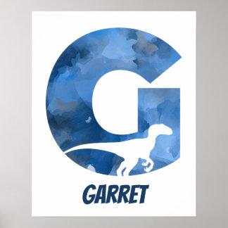 Poster "G" Dinossauro Aquarela Azul Nome da Criança Poste