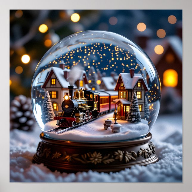 Poster G globo de neve com trem e vila antigos (Frente)