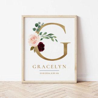Poster G - Letra Monograma Nome Marsala Floral Nursery