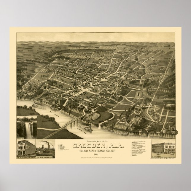 Póster Gadsden, Mapa Panorâmico AL - 1887 (Frente)