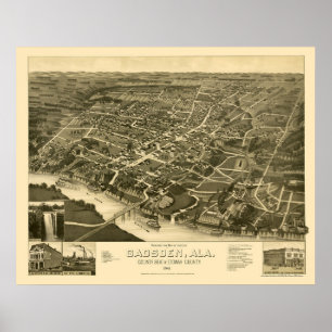 Póster Gadsden, mapa panorâmico do AL - 1887