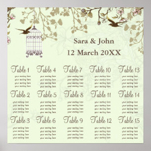 Poster gaiola de pássaro verde floral, pássaros do amor