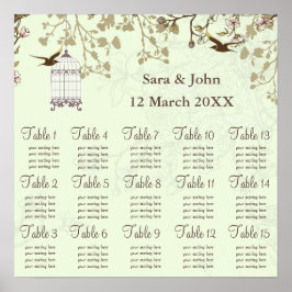 Poster gaiola verde floral de aves, aves adoráveis