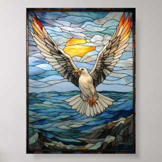 Poster Gaivota Voando sobre Arte de Vidro Pintado do Pôr 