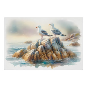 Póster Gaivotas Costeiras Aquarela Paisagem Marítima