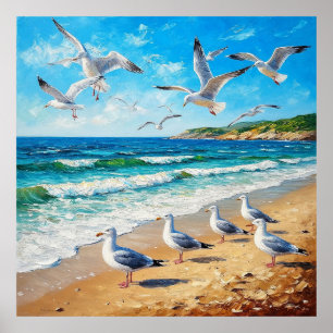 Poster Gaivotas em uma costa com ondas do oceano