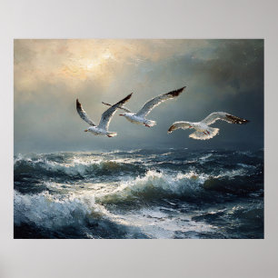 Poster Gaivotas Oceano Tempestuoso Arte Refinada