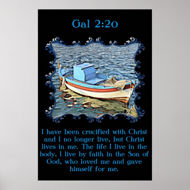 Poster Gal 2:20 com um barco velho no oceano calmo. (Frente)