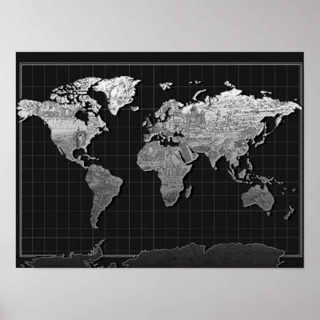 Póster galáxia de mapa mundial a preto e branco 4 (Frente)