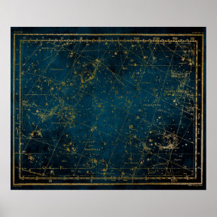 Poster Galáxia de ouro azul da constelação de mapa celest