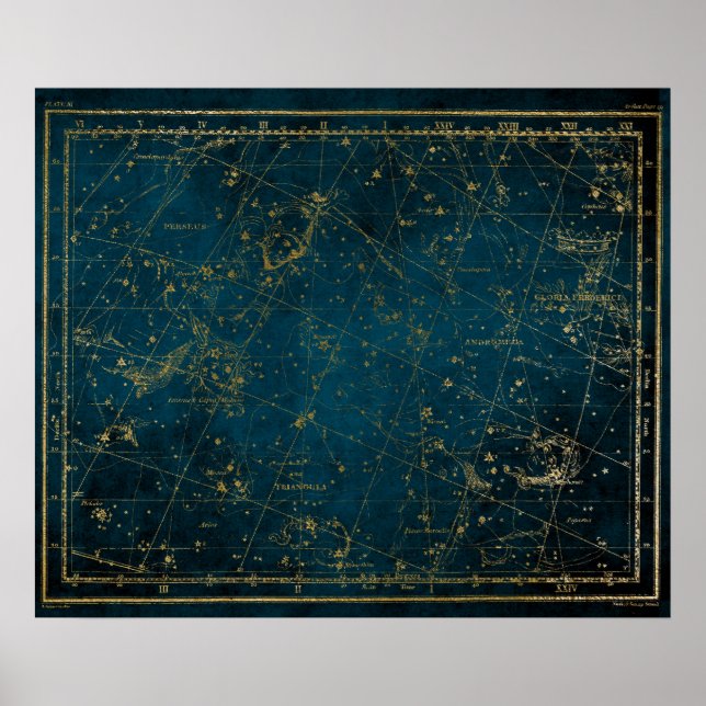Poster Galáxia de ouro azul da constelação de mapa celest (Frente)