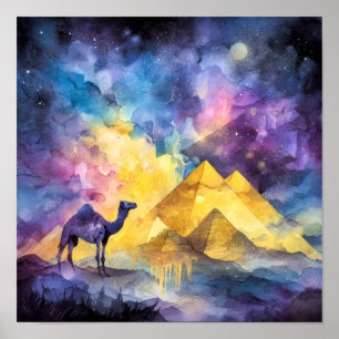 Poster Galáxia do Deserto em Aquarela Camelo Pirâmide Via