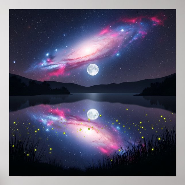Poster Galáxia Sobre o Lago ao Luar com Reflexo Cósmico (Frente)