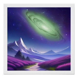 Póster Galáxia Verde Cósmica Sobre Paisagem De Montanha R