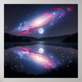 Poster Galaxy Over Moonlit Lake with Cosmic Reflection