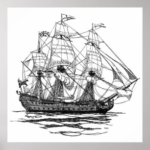 Poster Galeão de Piratas Antigos, Esboço de um Navio de 7