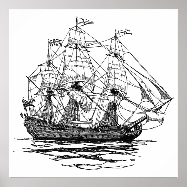 Poster Galeão de Piratas Antigos, Esboço de um Navio de 7 (Frente)