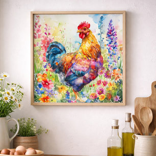 Póster Galeria Colorida de Galo em Aquarela Floral de Cas