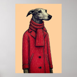 Poster Galgo em Casaco Vermelho de Inverno, Desenho Estil