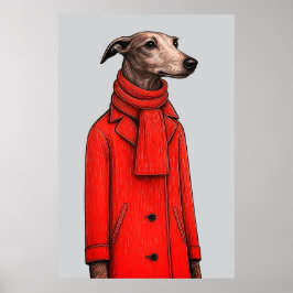 Poster Galgo em Casaco Vermelho Vibrante, Desenho Moderno