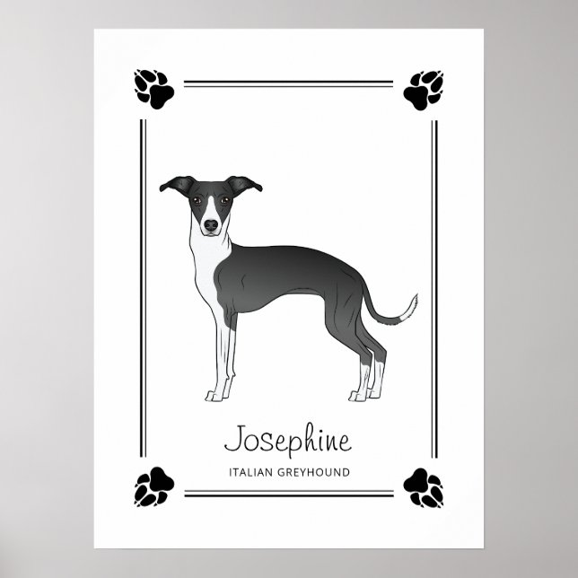 Poster Galgo Italiano Preto E Branco Com Patas & Texto (Frente)