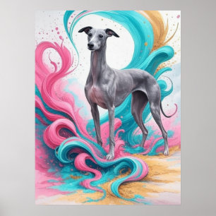 Poster Galgo Realista com Fundo de Cores Neon
